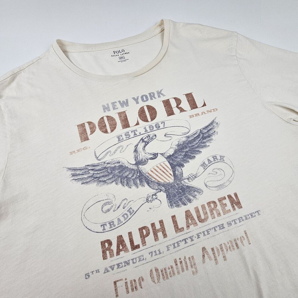 Polo Ralph Lauren XXL Eagle Graphic T Shirt Cream Americana Distressed